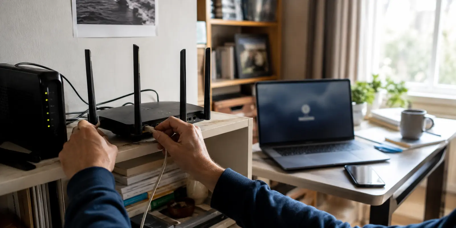 فحص راوتر جديد في مكتب منزلي بينما ينتظر الحاسوب إنشاء اتصال VPN