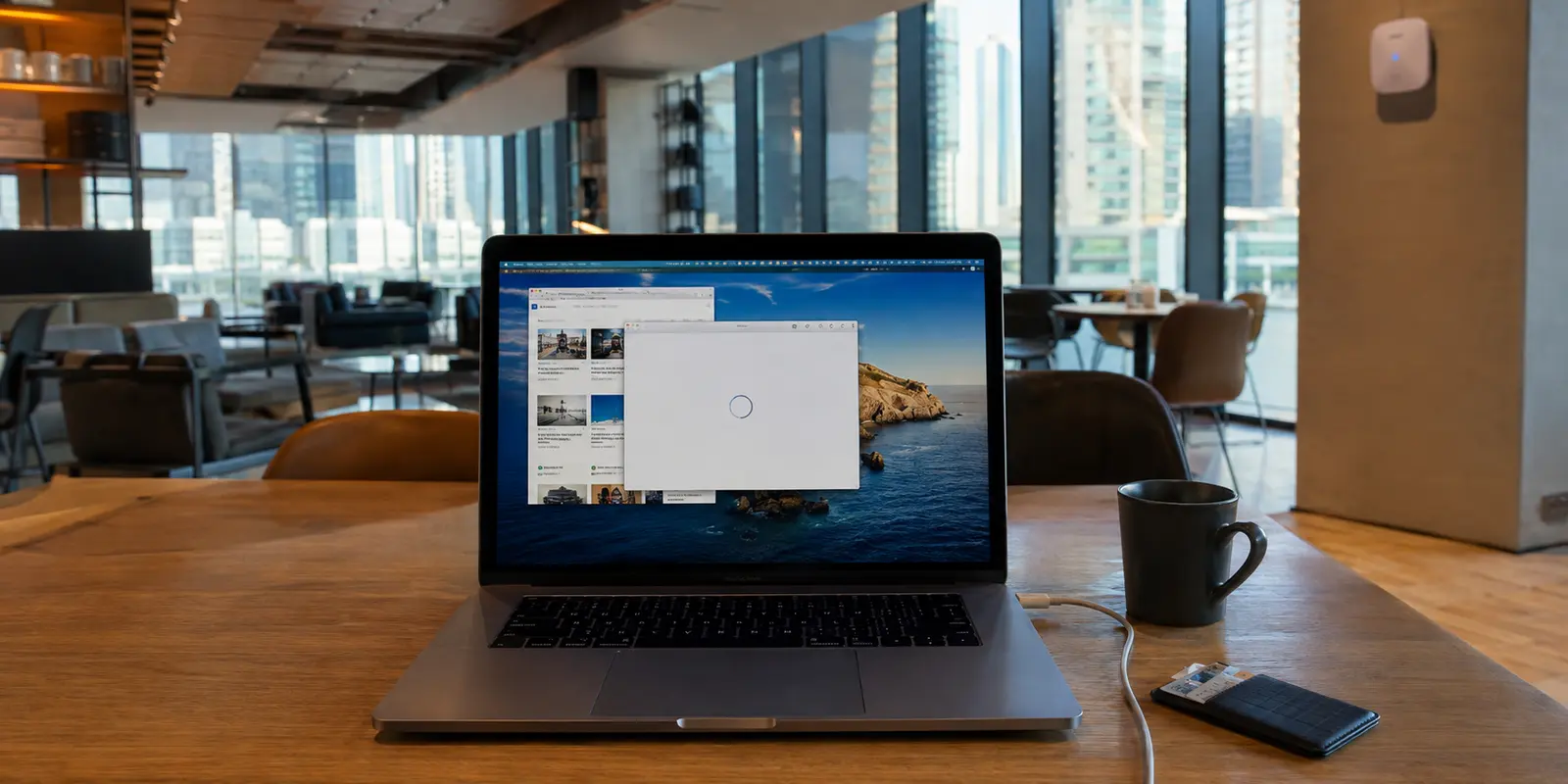 لابتوب في مساحة عمل بدبي يفتح الإنترنت بينما يبقى اتصال VPN عالقًا
