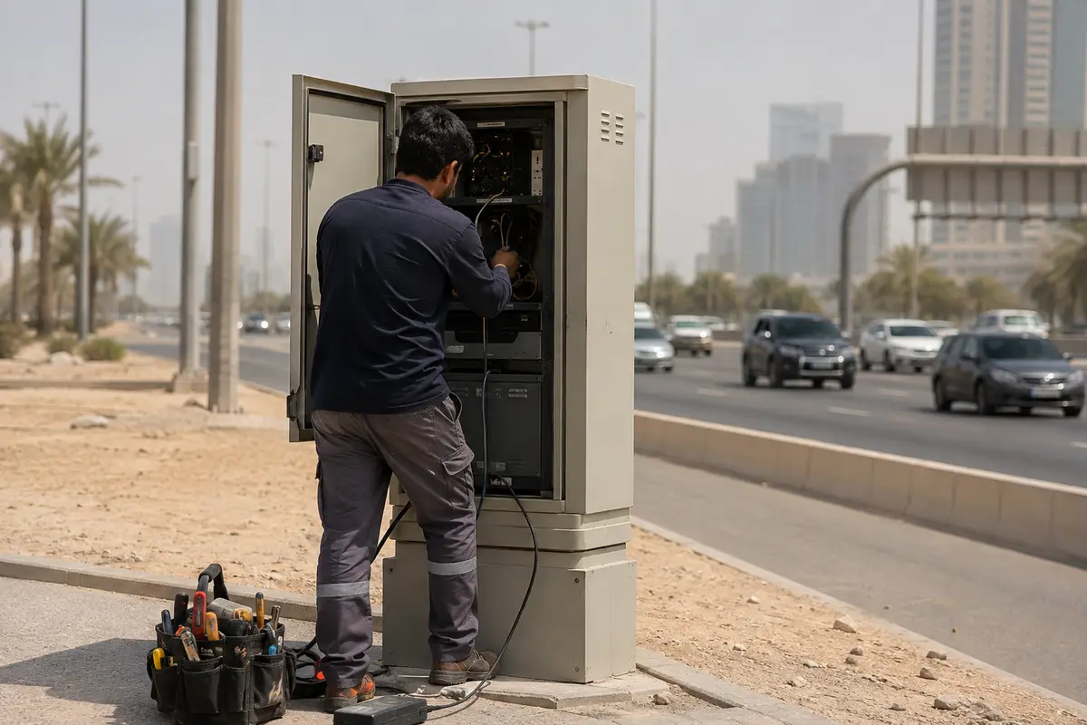 فني يفحص تجهيزات اتصالات على طريق في الإمارات