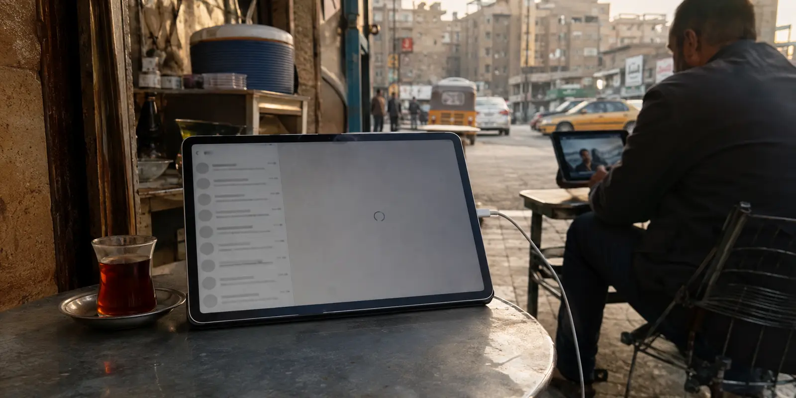 تطبيق مراسلة عالق على جهاز لوحي في مقهى ببغداد بينما يعمل الإنترنت على جهاز آخر