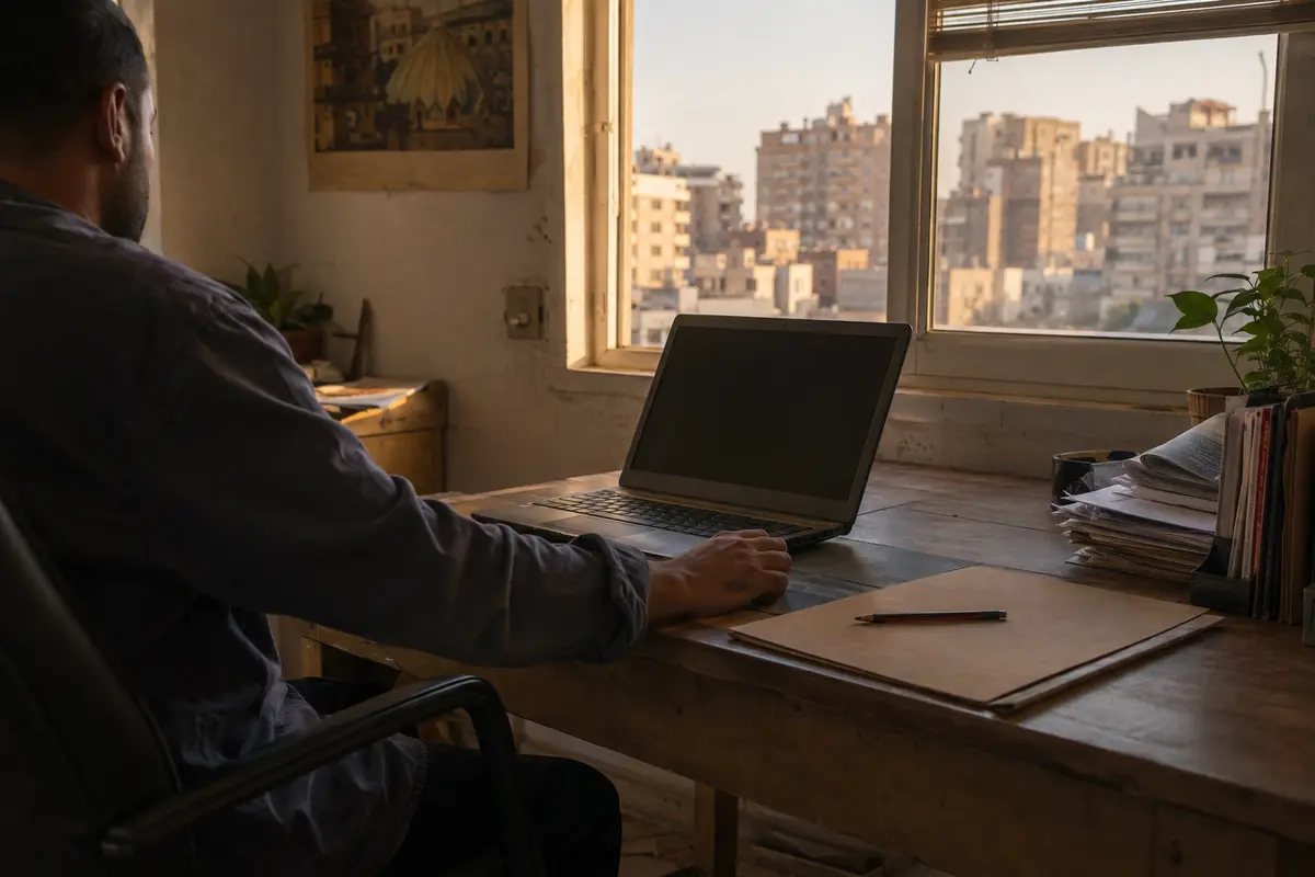 عامل ينهي مهمة على حاسوب داخل مكتب بسيط يطل على القاهرة