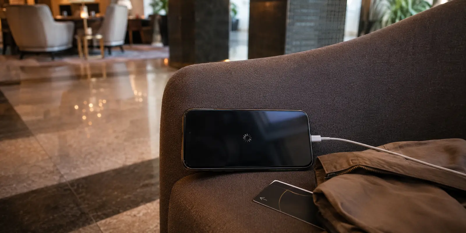 هاتف في بهو فندق يتوقف عند تحميل بث الفيديو عبر شبكة Wi-Fi