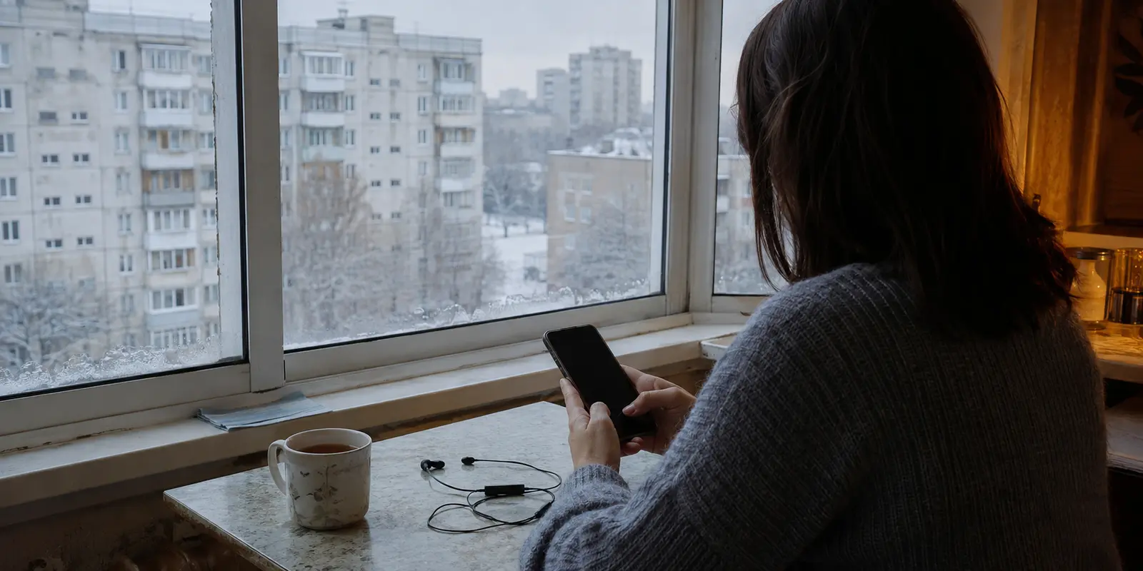 امرأة تحاول إجراء اتصال بهاتفها قرب نافذة شتوية في موسكو