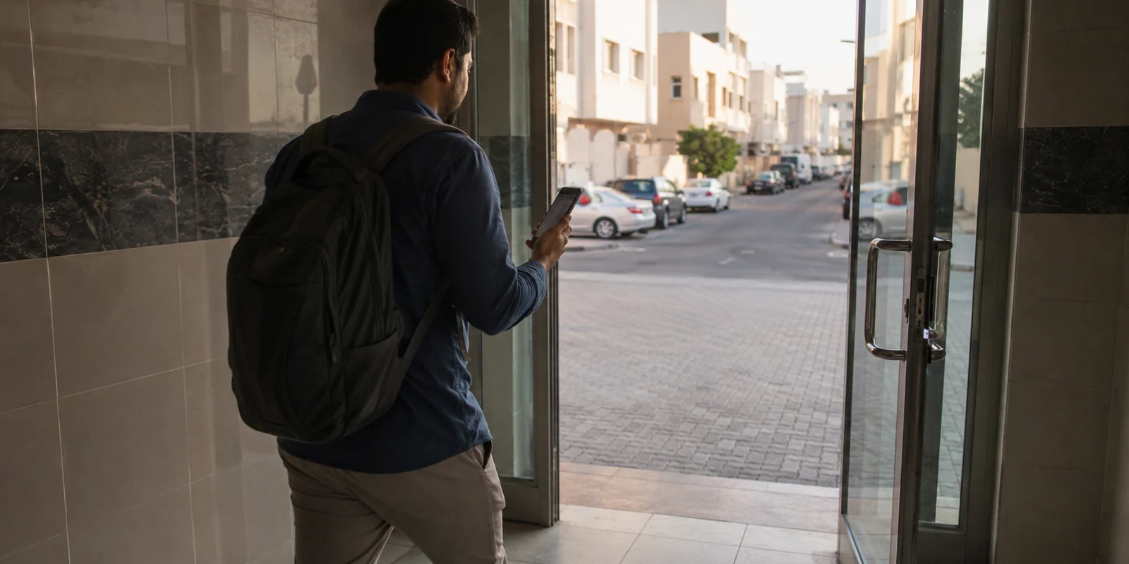 مسافر يخرج من مبنى سكني في المنامة وهو يتابع مكالمة على هاتفه