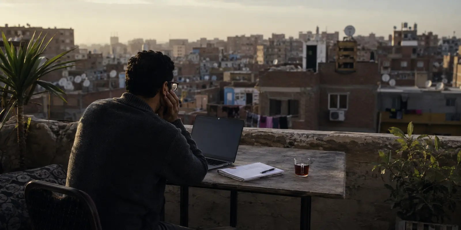 عامل عن بعد يحاول الاتصال من سطح منزل في القاهرة