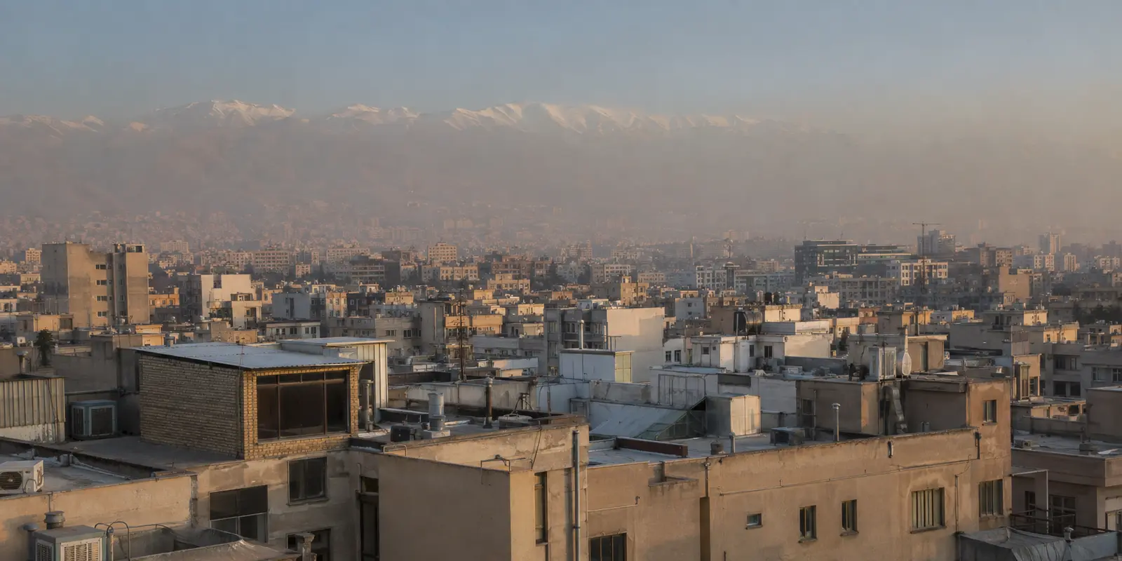 أفق طهران ومرتفعات البرز خلف أسطح المدينة في ضوء خافت