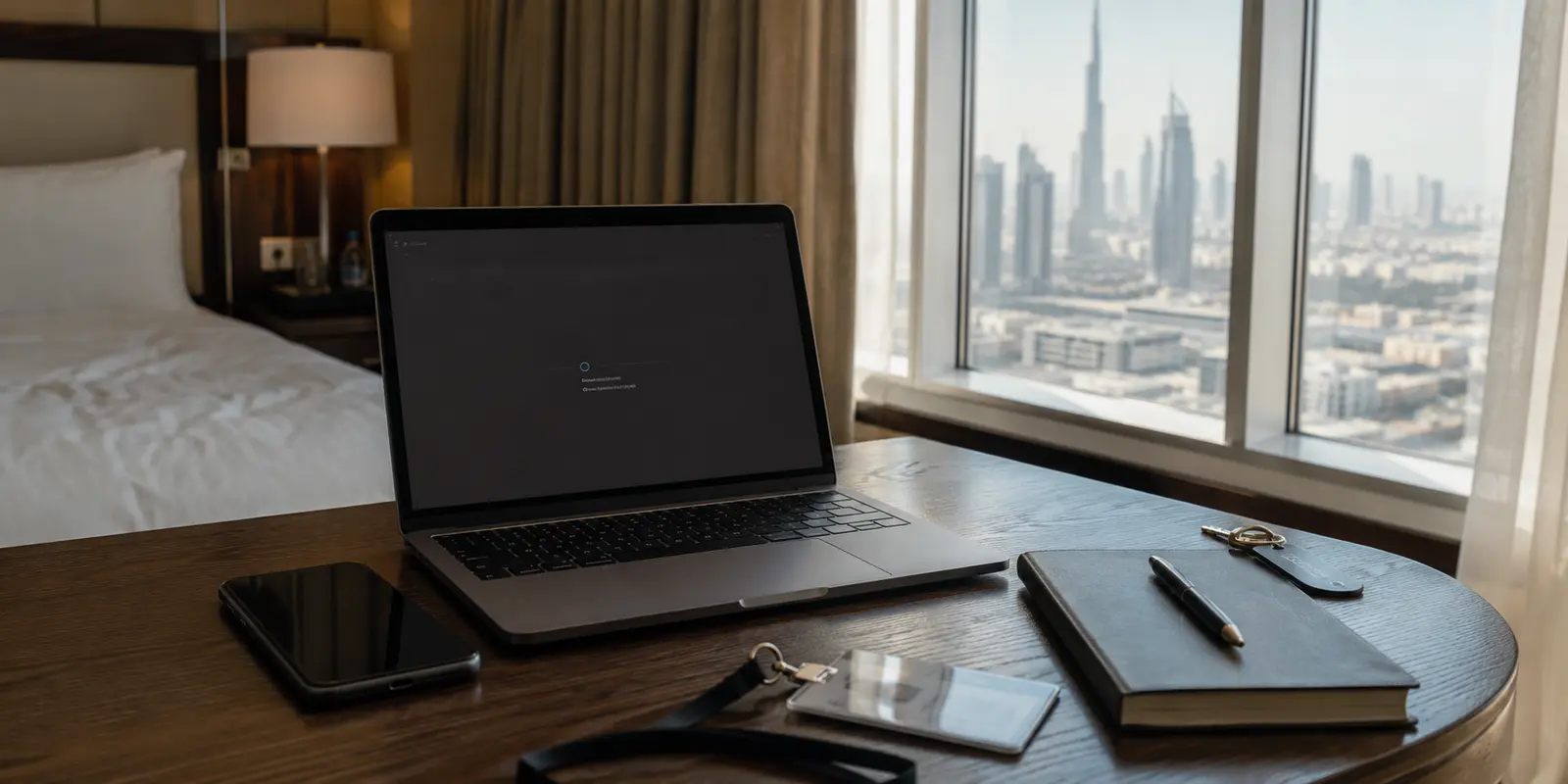 بوابة عمل تنتظر على لابتوب في فندق بدبي قبل استخدام اتصال VPN مصرح به