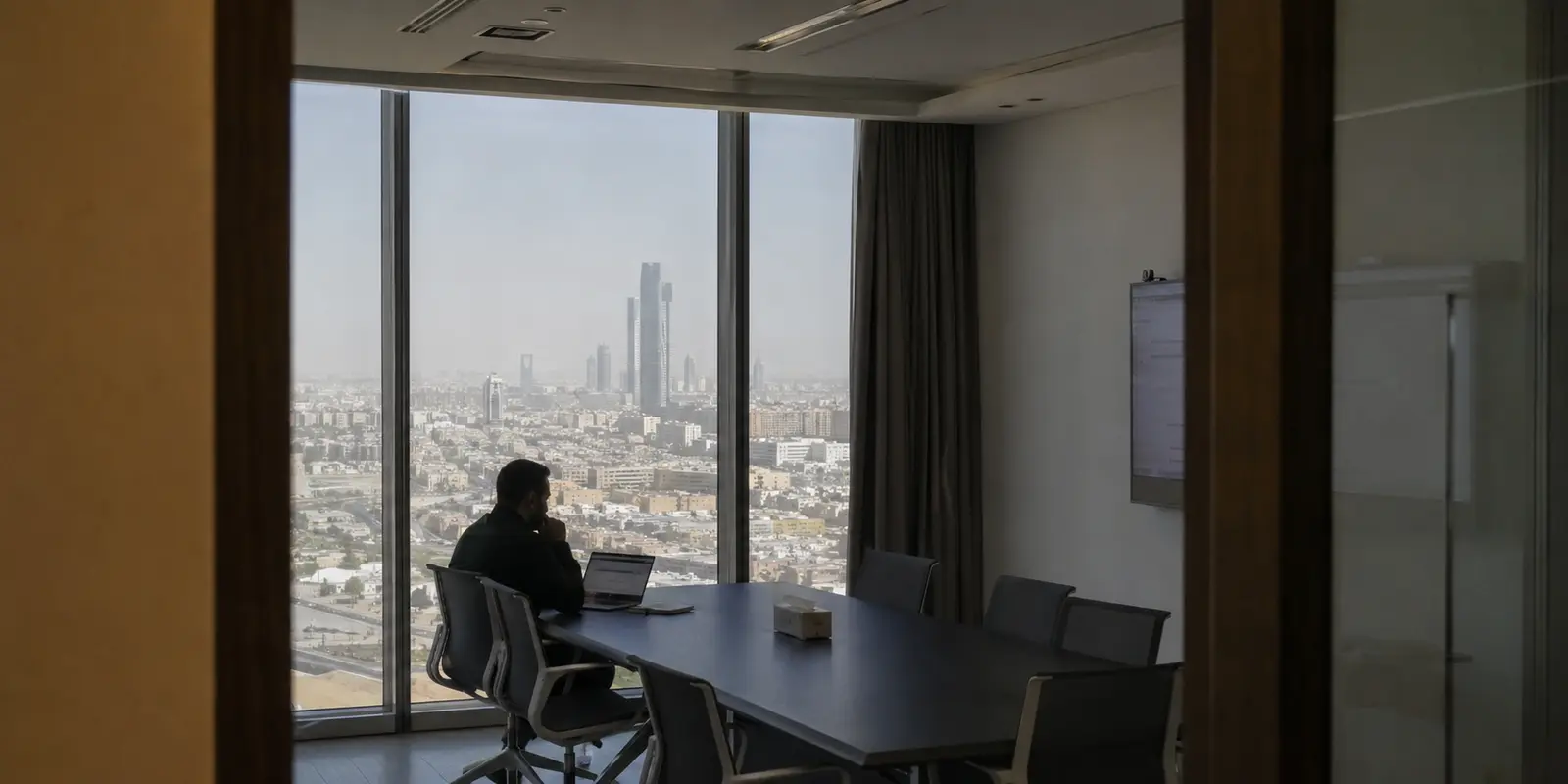 اجتماع عمل عن بعد في مكتب يطل على مدينة الرياض