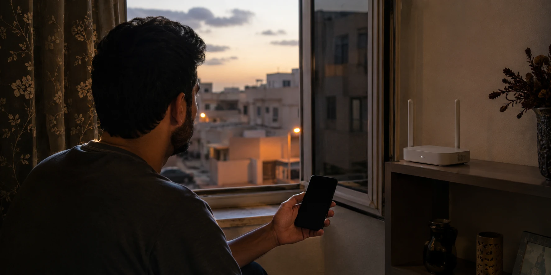شخص يراجع هاتفه قرب نافذة منزلية وجهاز اتصال في الخلفية